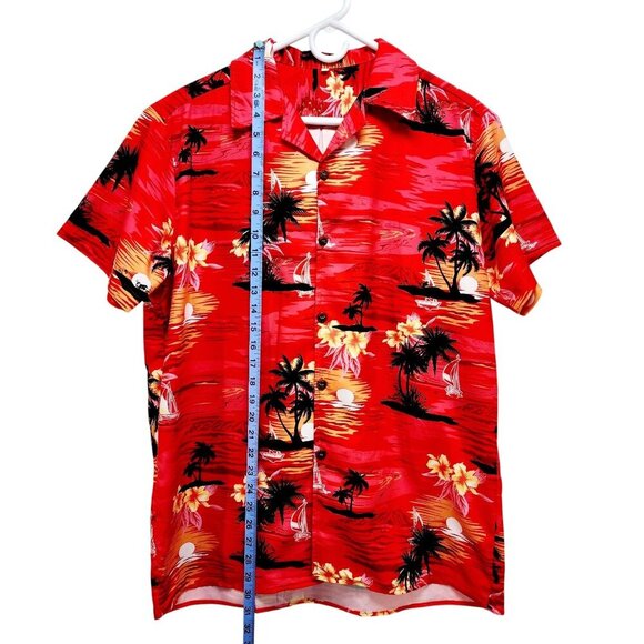 Mens Red Hawaiian Short Sleeve Button-Up Shirt With Tropical Print Size M - Picture 6 of 7